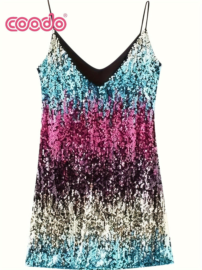 Vibrant Sequined Color Block Cami Dress - Sleeveless V-Neck Mini Party Dress with Cross Back Detail - Polyester Knit Fabric, No Elasticity, Solid Color, Sexy and Chic for Womens Night Out