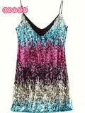 Vibrant Sequined Color Block Cami Dress - Sleeveless V-Neck Mini Party Dress with Cross Back Detail - Polyester Knit Fabric, No Elasticity, Solid Color, Sexy and Chic for Womens Night Out