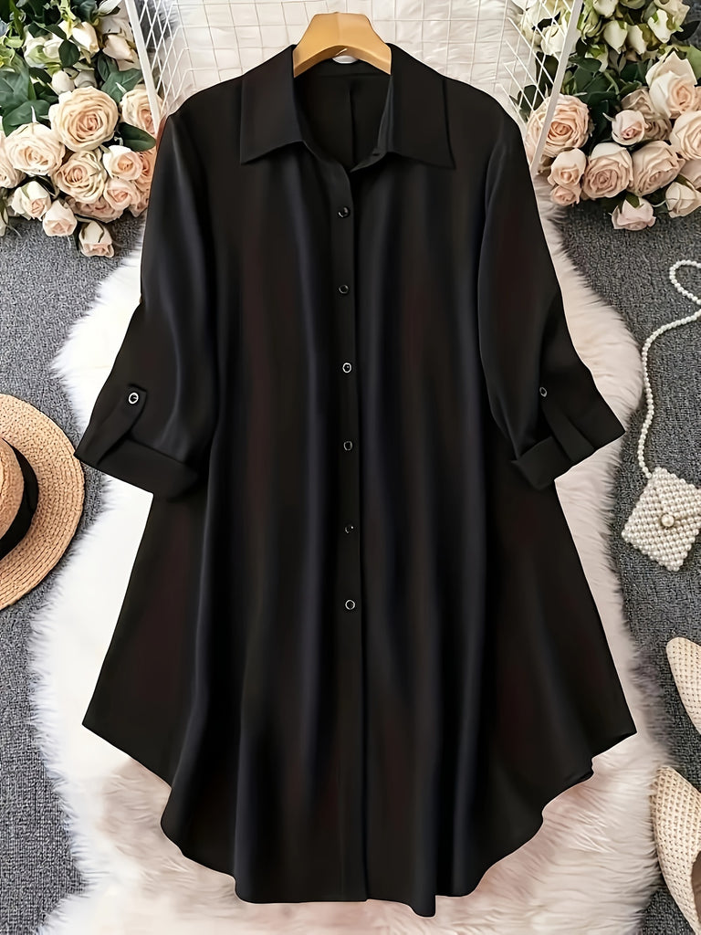 Plus Size Solid Collared Button Shirt - Relaxed Fit for Ultimate Comfort, Classic Long Sleeves, Stylish Solid Collar, and Button Front - Perfect for Transitioning Seasons (Spring & Fall), Designed Specifically for Plus Size Women