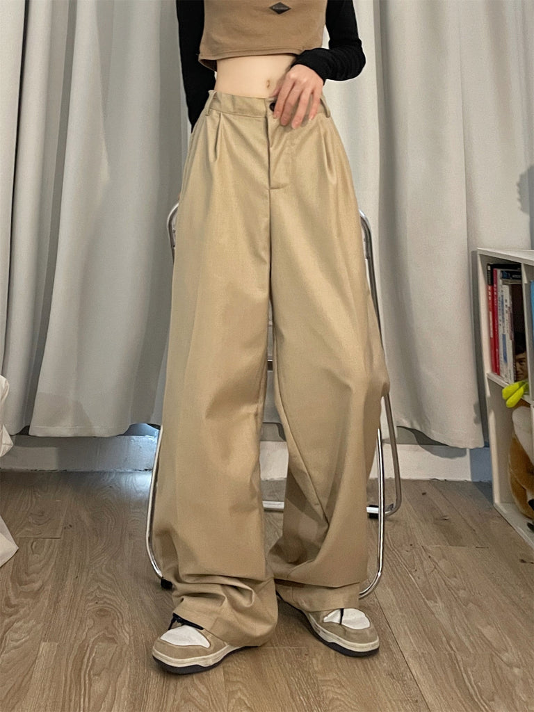 goosudu Shelly Solid Color Retro Drape High Waist Straight Loose Casual Suit Pants