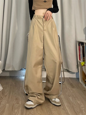 goosudu Shelly Solid Color Retro Drape High Waist Straight Loose Casual Suit Pants