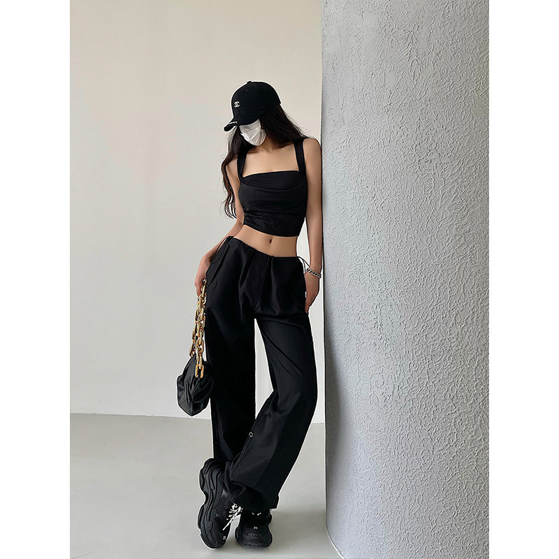 goosudu Dalia Solid Color High Waist Straight Leg Parachute Pants