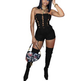 Goosudu Stretch Denim Strapless Lace Up Romper