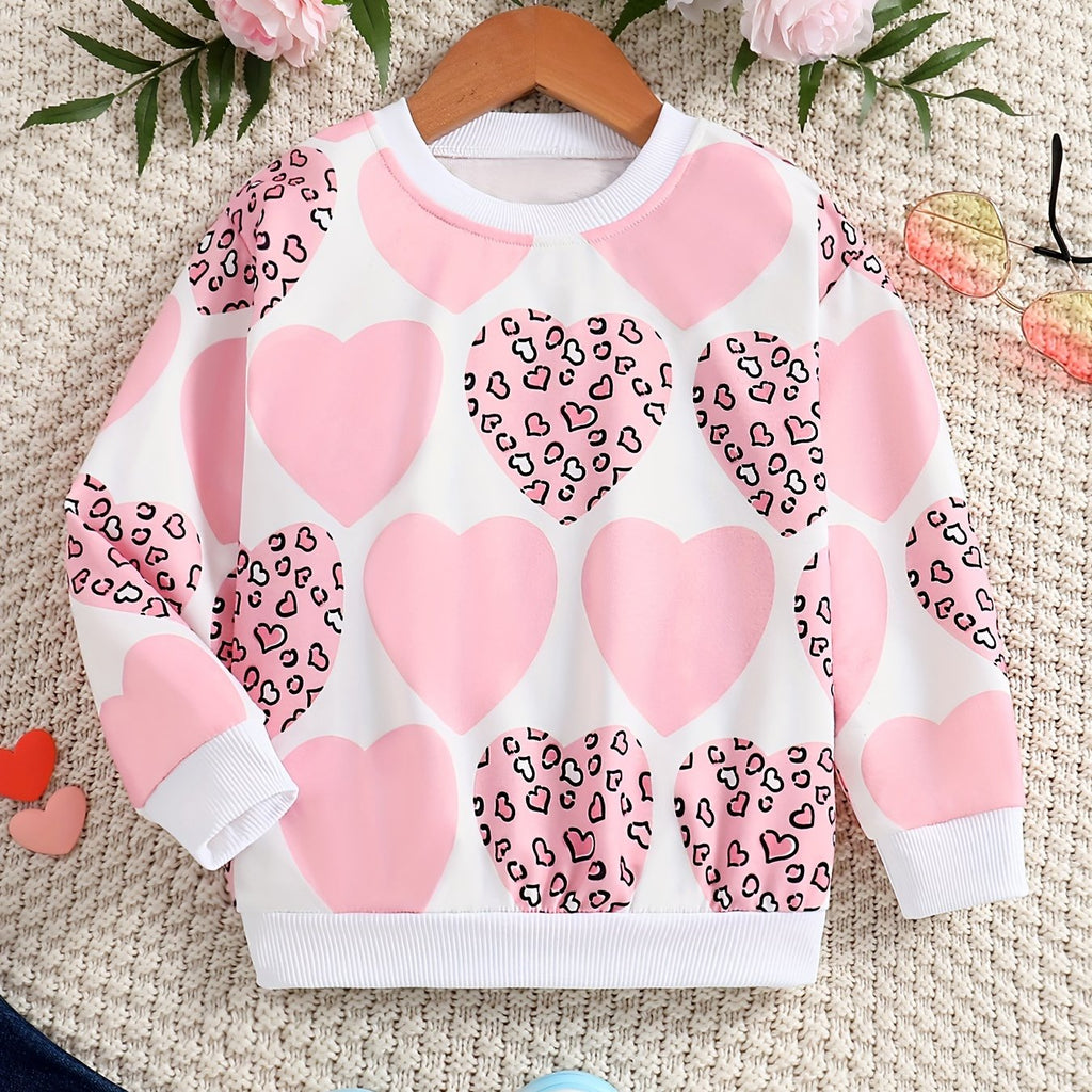 Adorable Hearts Embellished Girls Sweatshirt - Soft & Cozy Casual Pullover with Round Neck - Perfect Comfort Fit for Little Fashionistas Valentines Day Celebrations