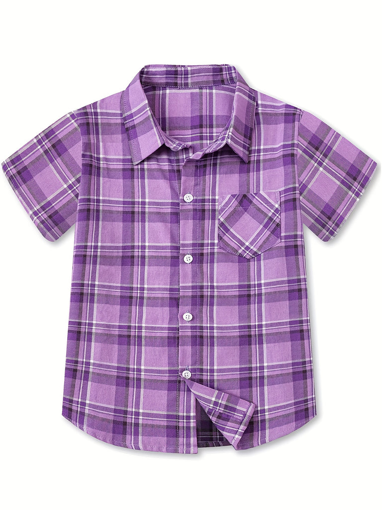 Boys and Girls Classic Plaid Cotton Casual Shirt - Short Sleeve, Lapel Collar, Front Pocket, Machine Washable - Perfect for Spring and Summer