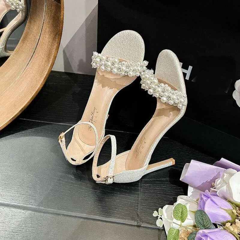 Summer New French Sandals Thin Heel Round Head Open Toe Fashion Korean Version Pearl White High Heels Kq8