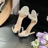 Summer New French Sandals Thin Heel Round Head Open Toe Fashion Korean Version Pearl White High Heels Kq8