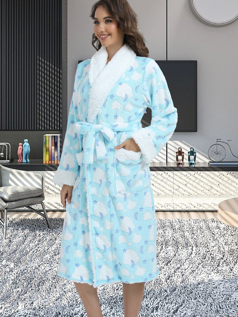 Cozy Star & Moon Print Women's Bathrobe with Belt - Plush Long Sleeve, V-Neck Lounge Robe with Pockets, Machine Washable