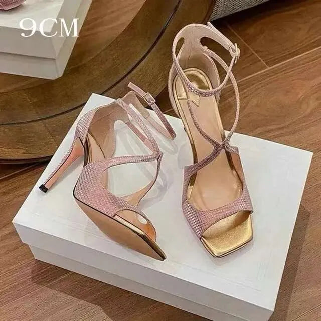 Summer A Line With Sexy Open Toe For Women New Cross Sequin Square Sandals Fashion High Heels Kq8