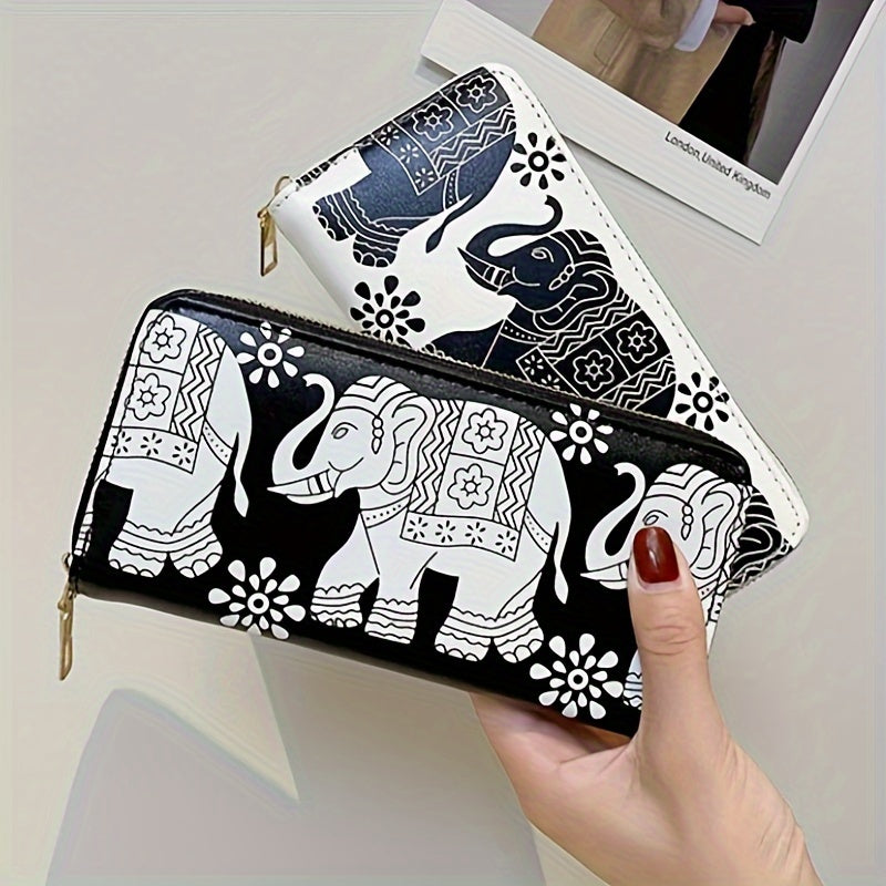 Vintage Elephant Print Long Zipper Wallet, Multifunctional Credit Card Purse For Women