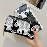 Vintage Elephant Print Long Zipper Wallet, Multifunctional Credit Card Purse For Women