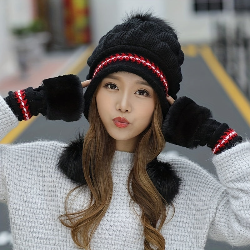 Winter Knit Beanie and Fingerless Gloves Set for Women, 100% Polyester Furry Hat with Ear Warmer - Elastic Yarn-Dyed Knitted Cap and Gloves Combo, Fashionable Cold Weather Accessories