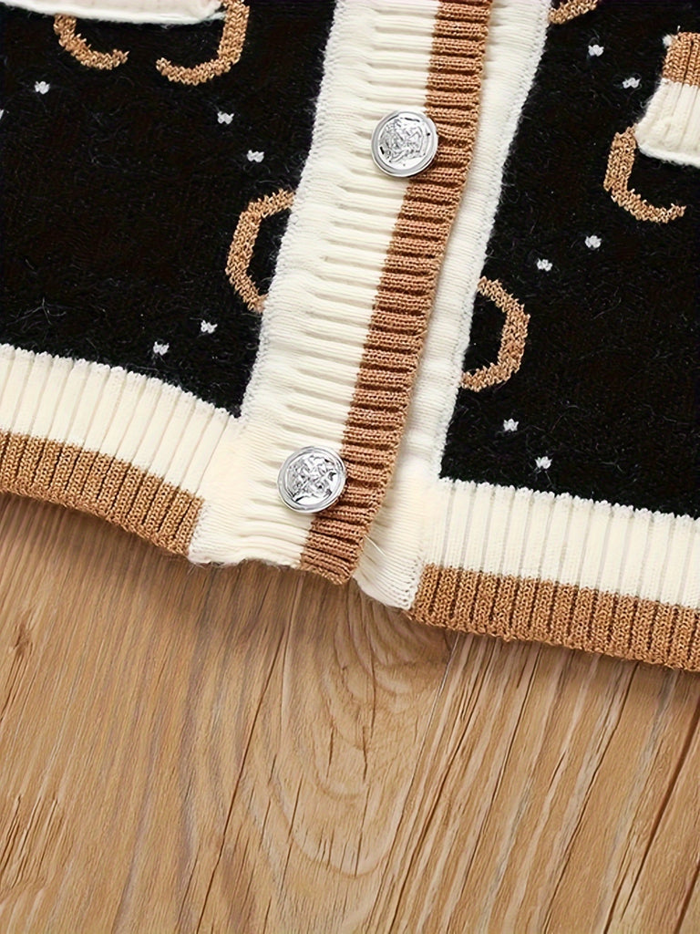 1 Set Adorable Girl's Contrast Knit Long-Sleeve Crew Neck Cardigan Coat + Matching Skirt - Soft, Comfy, and Versatile Winter & Fall Daily Casual Outfit for Girls, Perfect as a Gift