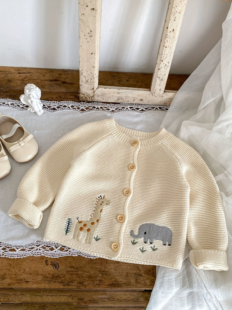 Adorable Baby Girl's Embroidered Cardigan - Soft Knitted Coat with Fun Giraffe and Elephant Graphic Print, Casual Comfortable Wear for Daily Life and Outdoor Activities in Spring and Autumn Seasons