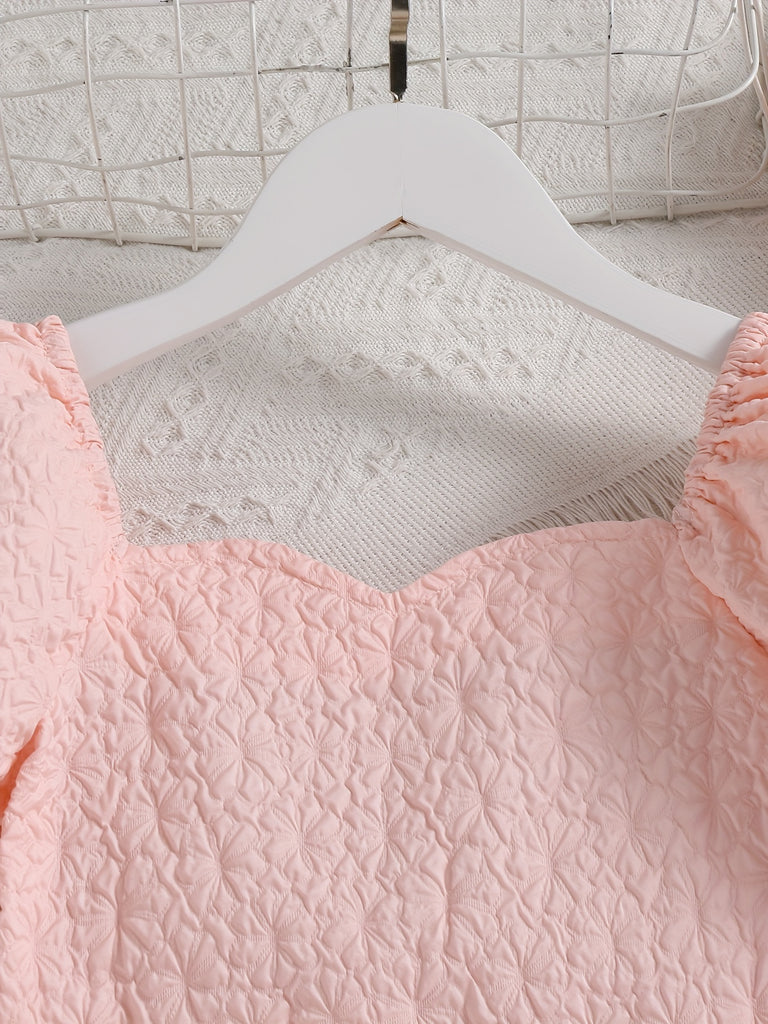 Short Sleeve Girls Elegant Sweetheart Neck Puff Sleeve Ruched Bust Peplum Blouse - Off the Shoulder, Non-Stretch Polyester, Machine Washable, Weekend Casual, Summer Wear