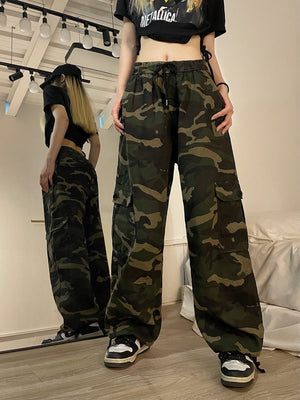 goosudu Brianna Army Green Camouflage Streetwear Multi-Pocket High Waist Straight Leg Cargo Pants