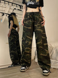 goosudu Brianna Army Green Camouflage Streetwear Multi-Pocket High Waist Straight Leg Cargo Pants