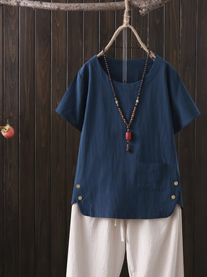 Plus Size Elegant Crew Neck Pocket Blouse - Soft Cotton, Asymmetrical Hem, Solid Color, Short Sleeve, Semi-Sheer, Middle East Style Shirting for Spring & Summer - Womens Comfortable Daily Wear