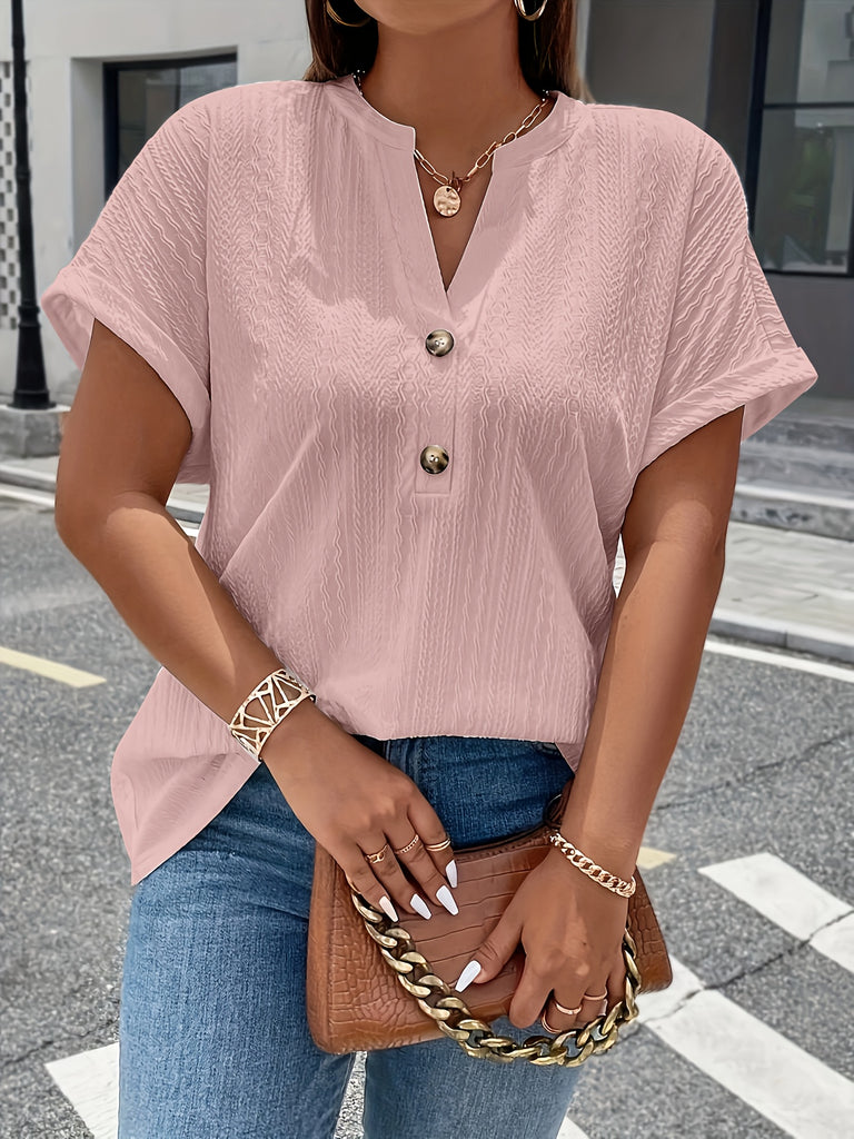 Plus Size Solid Textured T-Shirt, Casual V Neck Short Sleeve T-Shirt, Women's Plus Size Clothing