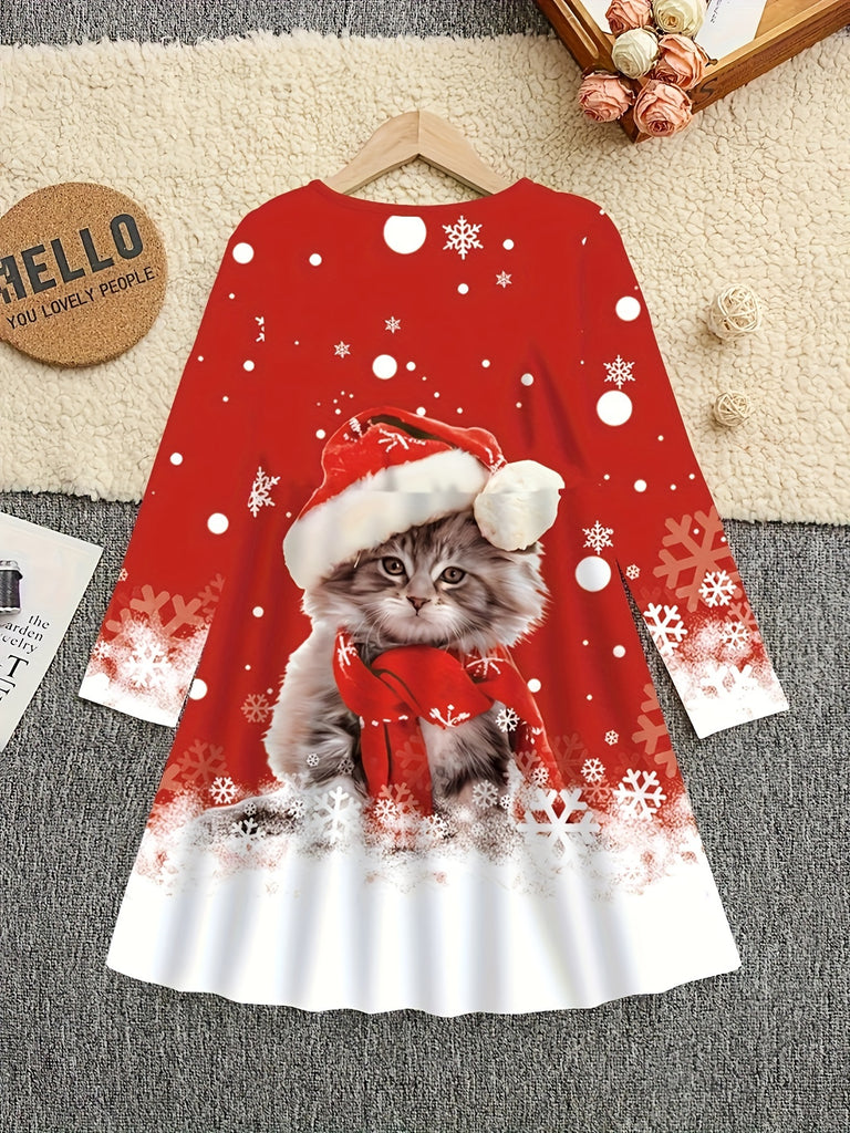 Girls' Festive Christmas Cat Print Long Sleeve Dress - Stretchy Knit Fabric, Machine Washable, Casual Round Neck - Perfect for All Seasons