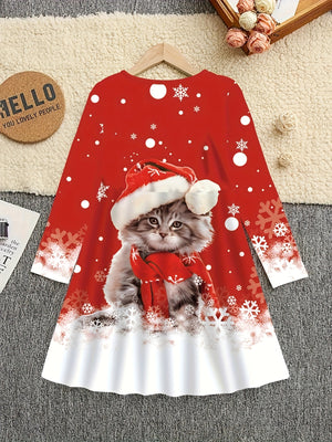 Girls' Festive Christmas Cat Print Long Sleeve Dress - Stretchy Knit Fabric, Machine Washable, Casual Round Neck - Perfect for All Seasons