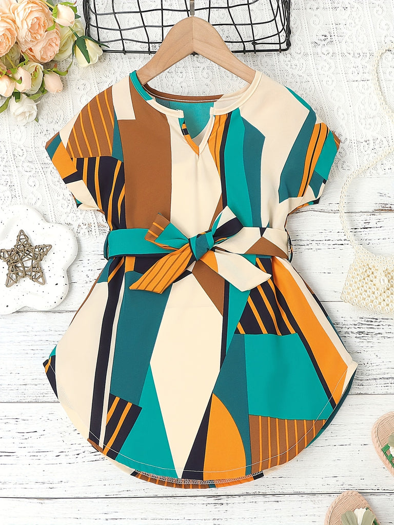 Toddler Girls Vertical Striped Curved Hem Notched Neck Belted Dress For Party Beach Vacation Kids Summer Clothes