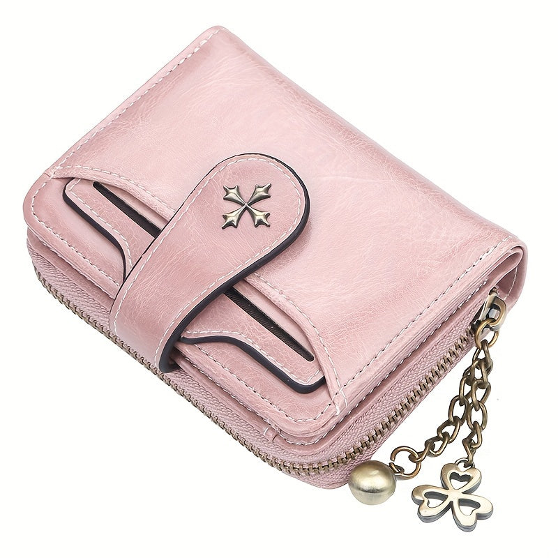 Retro Zipper Around Short Wallet, Multi Card Slots Coin Purse, Women's Buckle Credit Card Holder