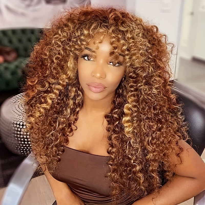 Elegant Honey Blonde Ombre Deep Curly Wig With Bangs For Women - 150% Density, Glueless Human Hair, Versatile For All Skin Tones