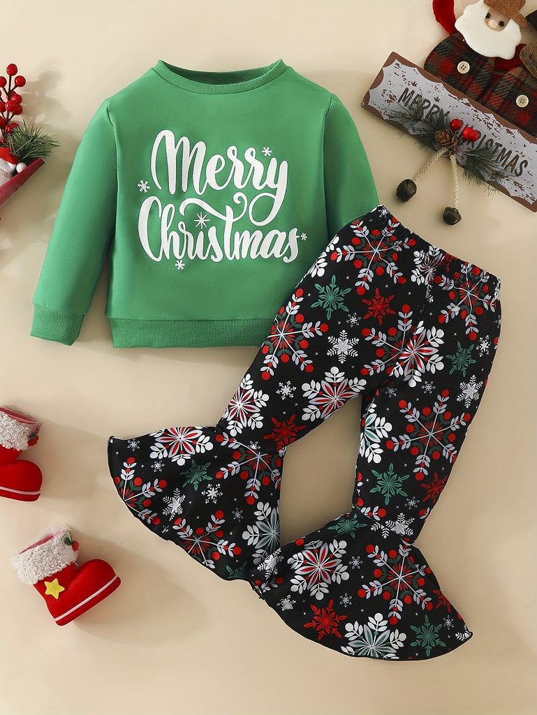 MERRY CHRISTMAS Cute 2pcs Party Outfits - Toddler Baby Girl's Long Sleeve Sweatshirt + Flared Trousers Outdoor Set