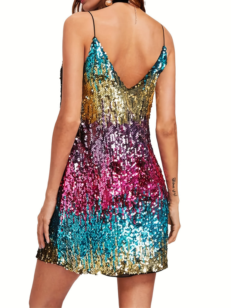 Vibrant Sequined Color Block Cami Dress - Sleeveless V-Neck Mini Party Dress with Cross Back Detail - Polyester Knit Fabric, No Elasticity, Solid Color, Sexy and Chic for Womens Night Out