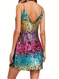 Vibrant Sequined Color Block Cami Dress - Sleeveless V-Neck Mini Party Dress with Cross Back Detail - Polyester Knit Fabric, No Elasticity, Solid Color, Sexy and Chic for Womens Night Out