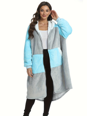 Ultimate Cozy Oversized Hoodie Blanket - Stylish Color Block Patchwork, Ultra-Soft Plush, Warm Thickened Robe with Handy Kangaroo Pockets - Perfect for Chilly Fall/Winter Lounging