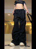 goosudu Kenny Solid Color Multi-Pocket High Waist Straight Wide Leg Cargo Pants