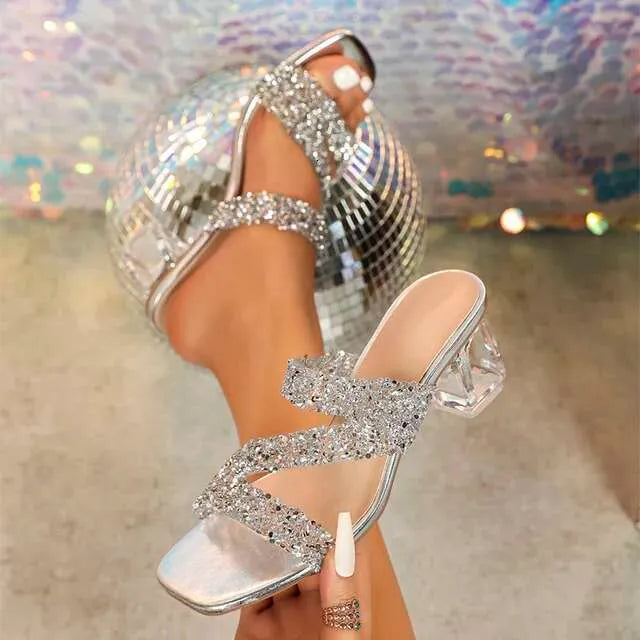 Summer Sequin Women Pumps Sandals PVC Jelly Flip Flop Open Toe High Heels Woman Transparent Perspex Slipper Shoes Clear Slides Kq8