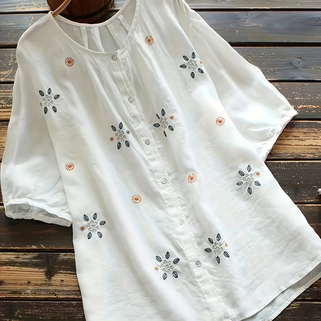 Plus Size Elegant Floral Embroidery Crew Neck Short Sleeve Blouse - Soft Slight Stretch Polyester Fabric, Weekend Casual Summer Shirting for Oversized Women - Positioning Printing, Placket Closure, and Woven Weaving Method