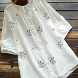 Plus Size Elegant Floral Embroidery Crew Neck Short Sleeve Blouse - Soft Slight Stretch Polyester Fabric, Weekend Casual Summer Shirting for Oversized Women - Positioning Printing, Placket Closure, and Woven Weaving Method