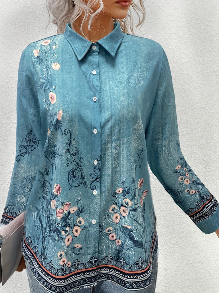Plus Size Floral Print Shirt - Relaxed Fit Casual Style with Long Flowing Sleeves and Classic Button Front - Designed for Curvy Women, Plus Size Range for a Flattering Fit