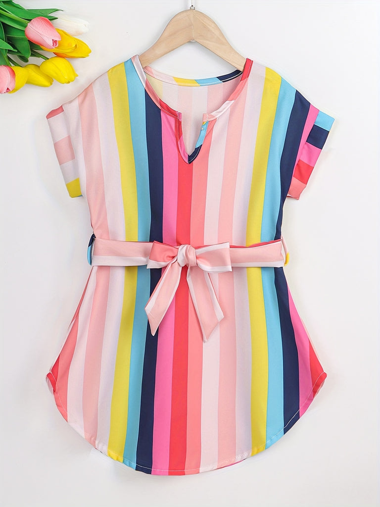 Toddler Girls Vertical Striped Curved Hem Notched Neck Belted Dress For Party Beach Vacation Kids Summer Clothes