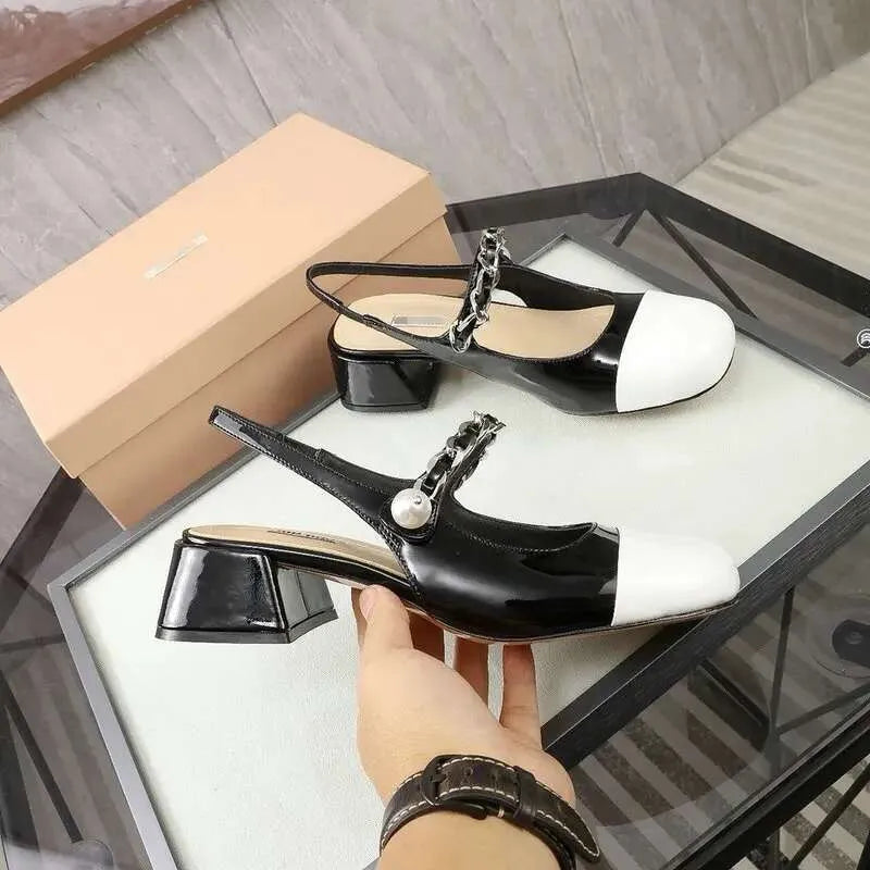Spring New Mary Jane Sandals Square Head Pearl Chain Thick Heel Single Shoe With Empty Back Kq8
