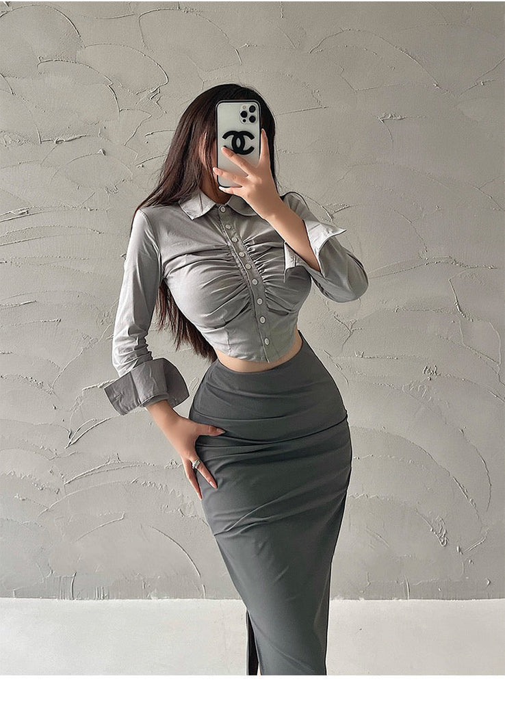 goosudu Michelle Solid Color Button Up Ruched Long Sleeve Office Shirt Long Sleeve Top