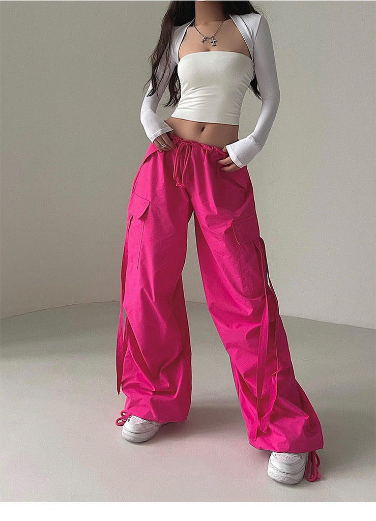 goosudu Loa Solid Color Hot Pink Multi-Pocket Tassel High Waist Straight Leg Cargo Parachute Pants