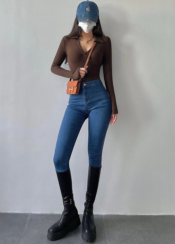 goosudu Galia Solid Color Denim High Waist Pencil Leg Skinny Jeans Pants