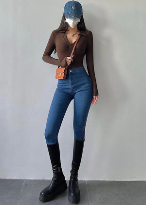 goosudu Galia Solid Color Denim High Waist Pencil Leg Skinny Jeans Pants