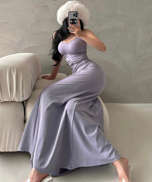 goosudu Asia Solid Color V-neck Pleated Spaghetti Strap Cinched Waist Long Flow Summer Dress