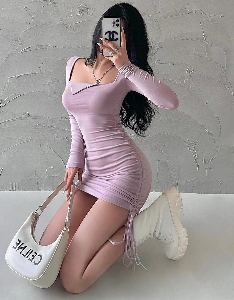 goosudu Mai Solid Color Long Sleeve Square Neck Lapel Drawstring Pleated Slim Mini Dress