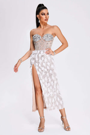 goosudu Mylie Strapless Diamonate Feather Midi Dress