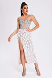 goosudu Mylie Strapless Diamonate Feather Midi Dress