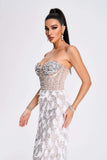 goosudu Mylie Strapless Diamonate Feather Midi Dress