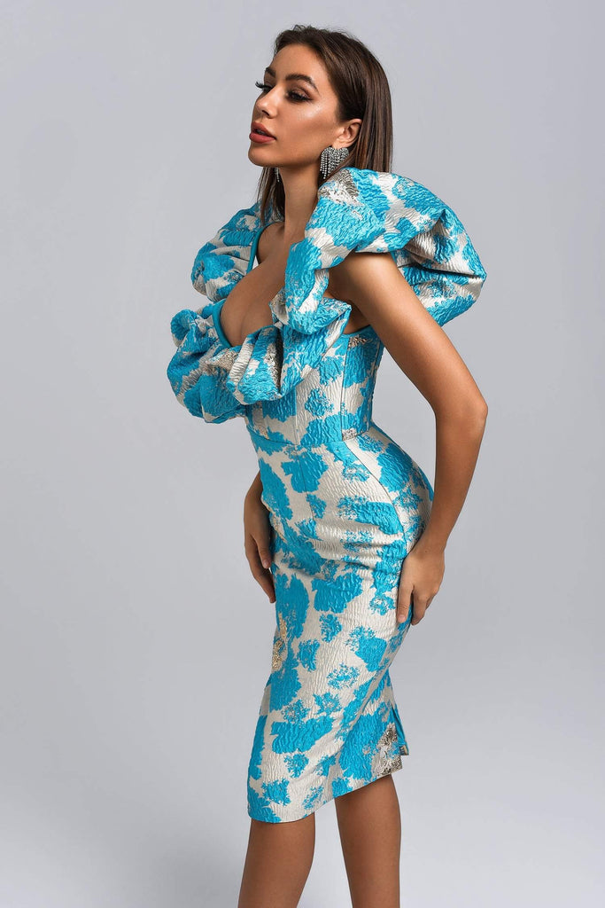 goosudu Ruffle Jacquard Midi Dress - Blue