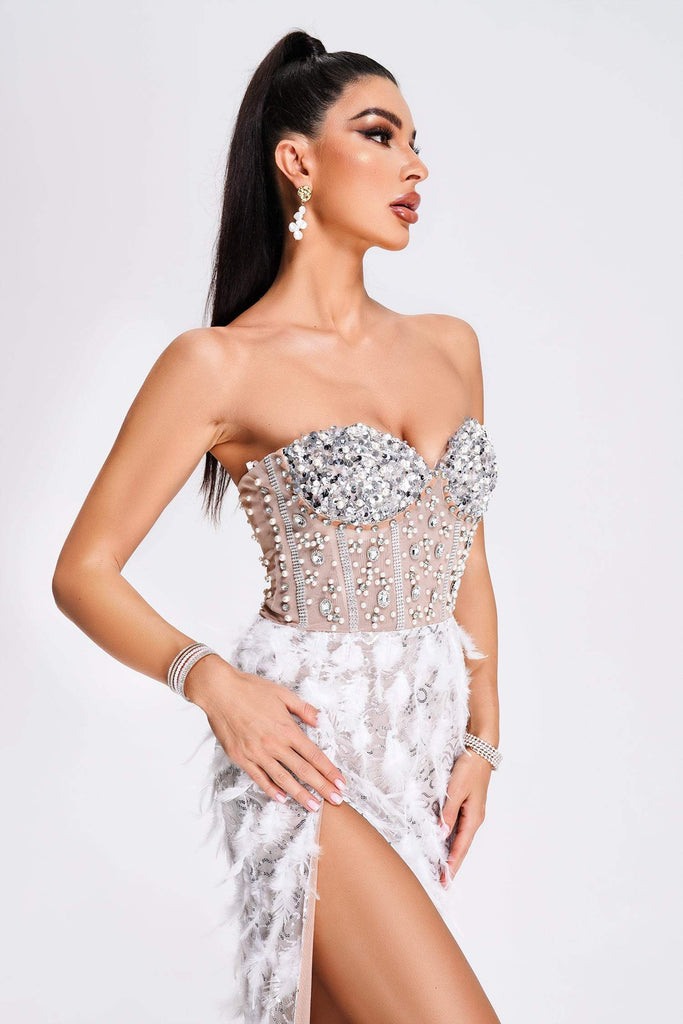 goosudu Mylie Strapless Diamonate Feather Midi Dress